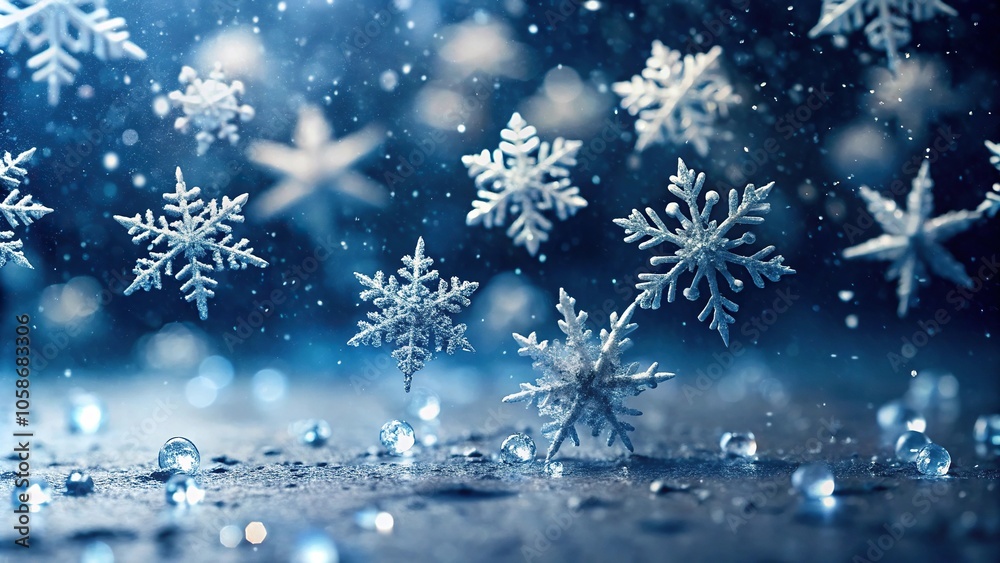 Snowflakes gently falling on a wet surface, creating a mesmerizing dance of white and clear droplets, flakes, snow, weather, precipitation Snowflakes gently falling on a wet surface, creating a mesmerizing dance of white and clear droplets, flakes, snow, weather, precipitation