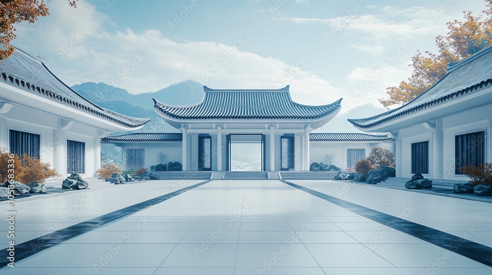 Obraz premium Traditional Chinese Architecture with Platform, Road, and Parking Area on Brick Surface for Automotive Advertisement Featuring Blank Background