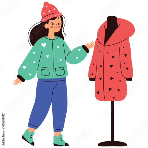 Woman with the cloth on the shopping. Vector cartoon illustration