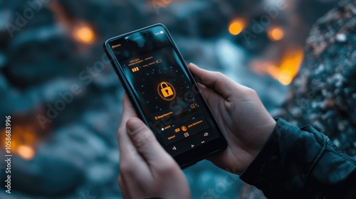 Wallpaper Mural User holding a smartphone with a lock icon overlay, internet security and cloud encryption theme. Torontodigital.ca