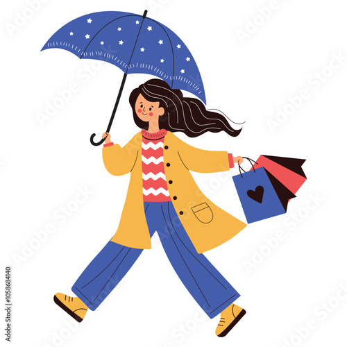 Woman with bags on the shopping. Vector cartoon illustration