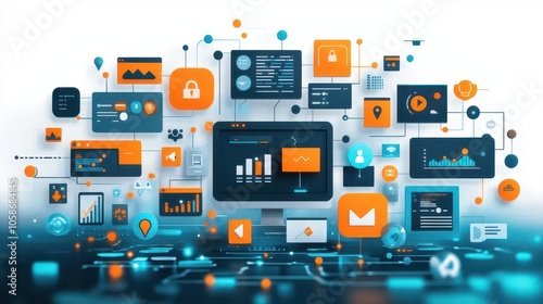 digital marketing concept featuring targeted ads, displaying a web of interconnected platforms optimizing customer engagement with dynamic visuals enhancing online interaction