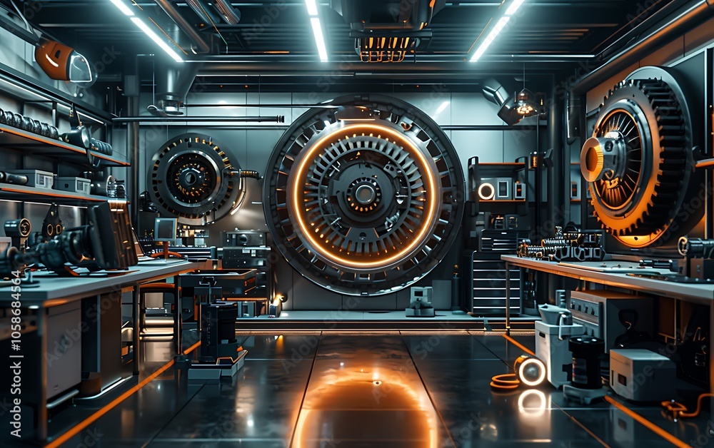 A high-tech vault interior featuring illuminated gears and machinery, creating a futuristic and industrial atmosphere.