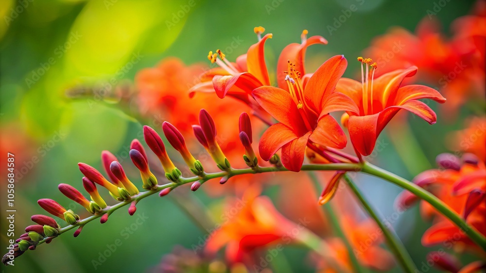 Closeup of Crocosmia Lucifer Flowers in a Minimalist Style, Capturing Vibrant Red-Orange Petals Against a Softly Blurred Background for Nature Photography Enthusiasts Closeup of Crocosmia Lucifer Flowers in a Minimalist Style, Capturing Vibrant Red-Orange Petals Against a Softly Blurred Background for Nature Photography Enthusiasts