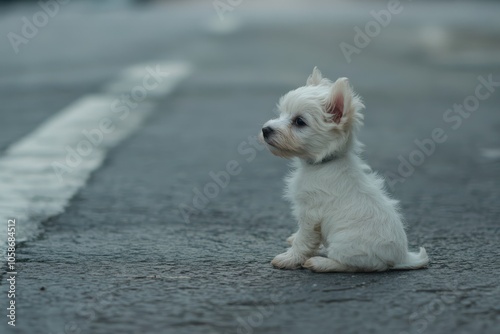 West Highland White Terrier puppy, small with fluffy white coat, sitting with a curious look, playful and alert photo