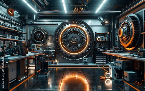 A high-tech vault interior featuring illuminated gears and machinery, creating a futuristic and industrial atmosphere.