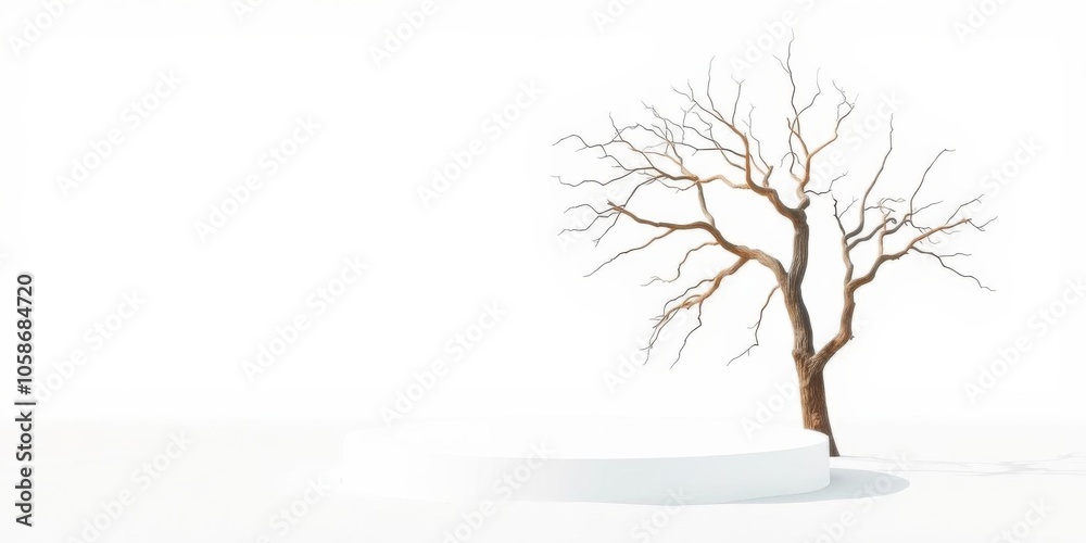 Obraz premium Empty round white platform podium sitting on a sandy beach with a solitary dry tree twig, serene, twig, tree