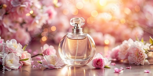 Elegant Glass Perfume Bottle on Soft Pink Surface with Blurry Floral Background - High Depth of Field