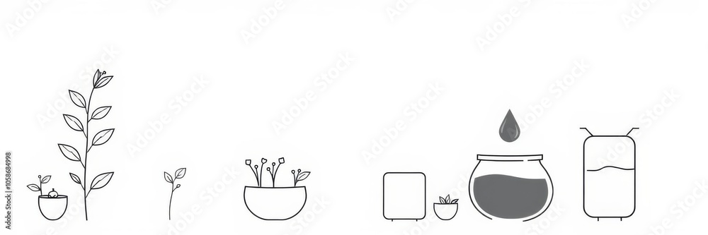 Essential oil press line drawing with drop falling into container, plant, production, aromatherapy Essential oil press line drawing with drop falling into container, plant, production, aromatherapy