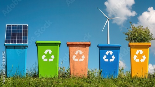 A vibrant display of recycling bins with renewable energy elements, highlighting eco-friendly practices against a clear sky.
