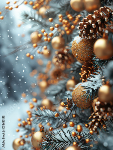 Obraz na płótnie Festive Winter Wonderland with Berry and Pine Accents Background, Card or Backdrop w salonie