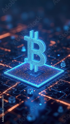 Bitcoin, made in the form of a glowing hologram of blue color, mounted on a square platform. The platform is located on a background resembling a printed circuit board with various electronic componen