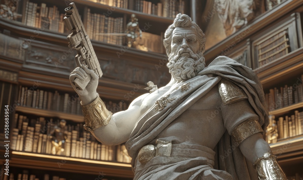 A stone statue holding a gun in a library. A stone statue holding a gun in a library.