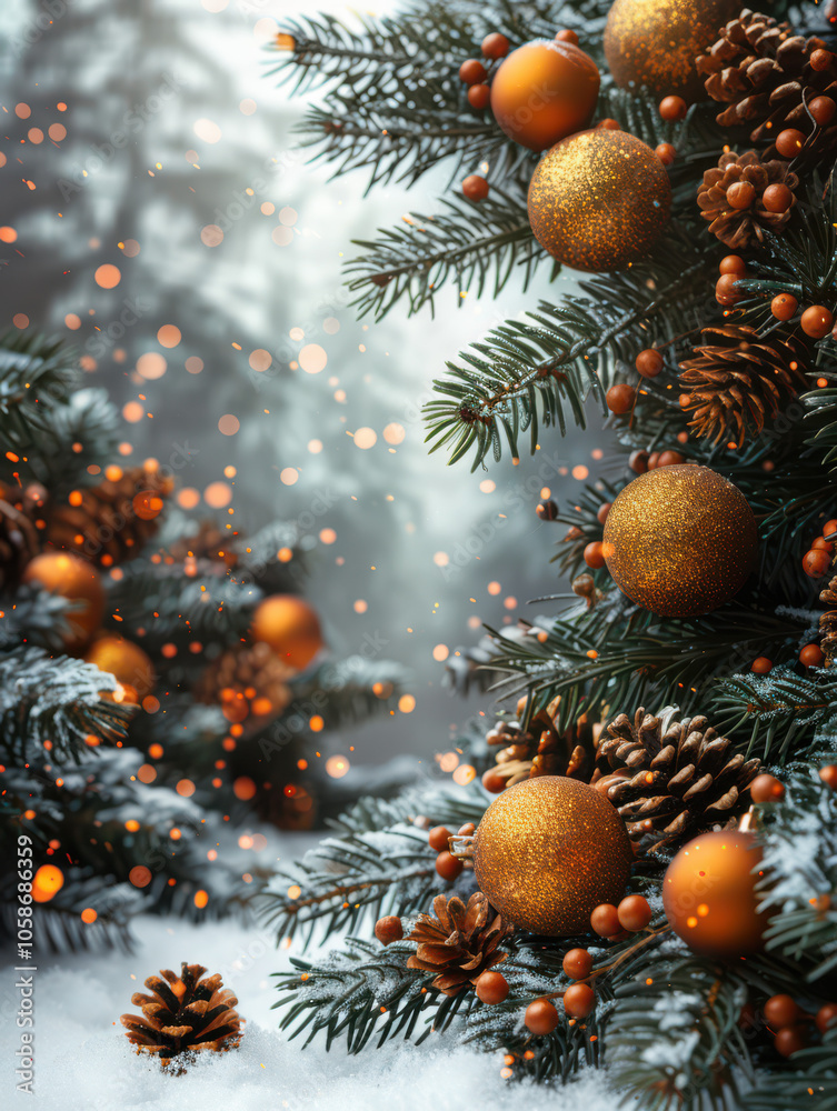 Festive Winter Wonderland with Berry and Pine Accents Background, Card or Backdrop