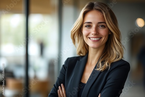 Confident Businesswoman in Black Blazer Smiling in Office3 photo