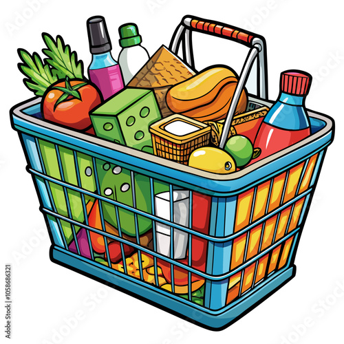 Grocery shopping cart on white. Full supermarket food basket vector illustration, shop cart with groceries goods isolated clipart