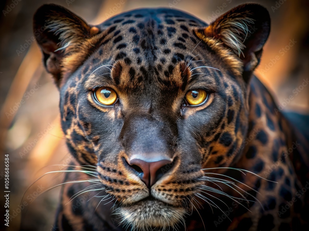 Obraz premium Close-up tilt-shift photography showcases a panther's vibrant eyes and glossy fur, beautifully capturing the essence of wildlife from a unique perspective for nature lovers.