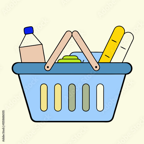 Grocery shopping cart on white. Full supermarket food basket vector illustration, shop cart with groceries goods isolated clipart