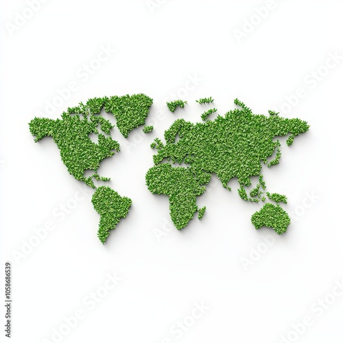 A green world map created from leaf-like shapes, symbolizing nature and environmental awareness.