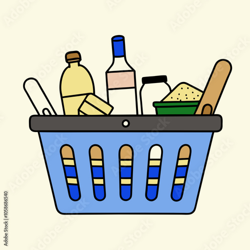 Grocery shopping cart on white. Full supermarket food basket vector illustration, shop cart with groceries goods isolated clipart