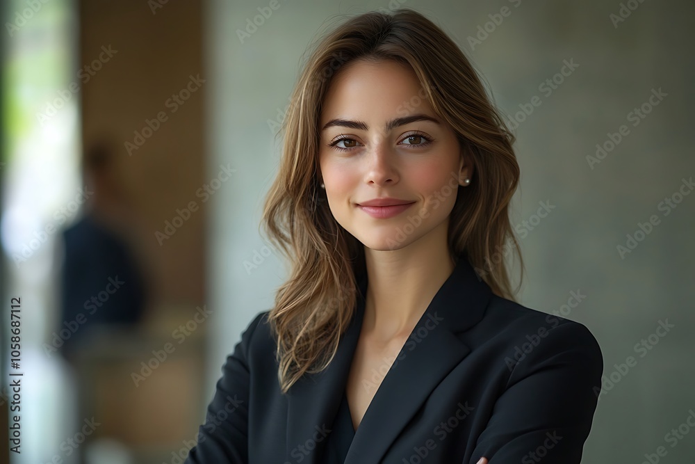 Naklejka premium Confident Businesswoman in Black Blazer with Warm Smile, Headshot