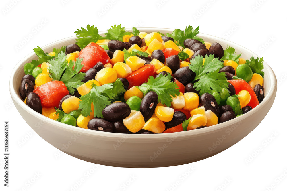 Black bean and corn salad with cilantro, PNG isolated on transparent background, white background. Black bean and corn salad with cilantro, PNG isolated on transparent background, white background.