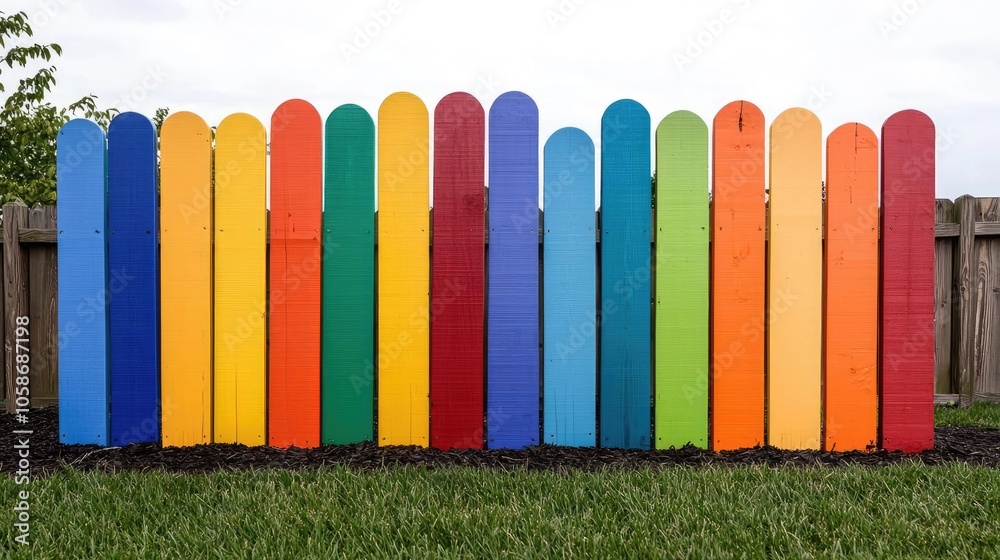Fototapeta premium Colorful fence panels in vibrant shades, enhancing the aesthetic of the outdoor space, set against a green lawn and cloudy sky.