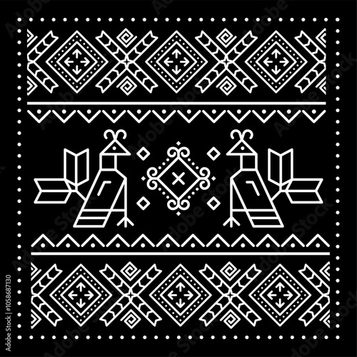 Foto Slovak traditional folk art vector square geometric pattern with birds inspired by traditional painted art from village Cicmany in Zilina region, Slovakia