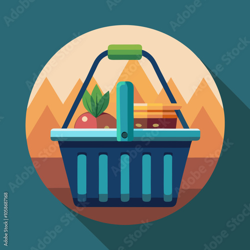 Grocery shopping cart on white. Full supermarket food basket vector illustration, shop cart with groceries goods isolated clipart