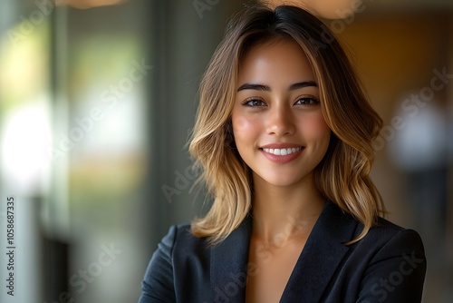 Confident Businesswoman in Black Blazer with a Bright Smile