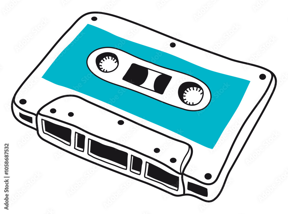 Vecteur de cassette audio vintage, modèle rétro dessiné avec des lignes noires simples, musique son analogique années 80, étiquette pour noter la playlist de la mixtape, fond transparent