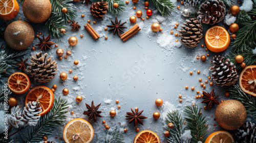 Obraz na płótnie Festive Winter Wonderland with Berry and Pine Accents Background, Card or Backdrop w salonie