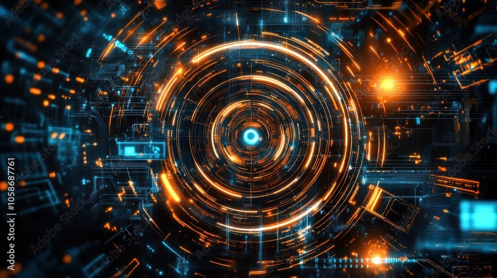 Abstract digital tunnel of glowing orange and blue lines with a bright central circle, resembling a futuristic interface or portal.