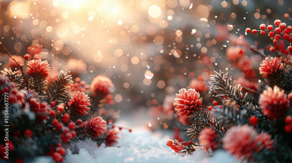 Festive Winter Wonderland with Berry and Pine Accents Background, Card or Backdrop