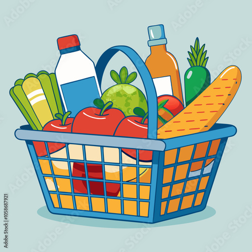 Grocery shopping cart on white. Full supermarket food basket vector illustration, shop cart with groceries goods isolated clipart