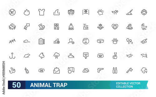 Animal trap icon collection. Featuring cage, bait, capture, wildlife, hunting, and more. Minimal line vector icons set. Vector illustration.