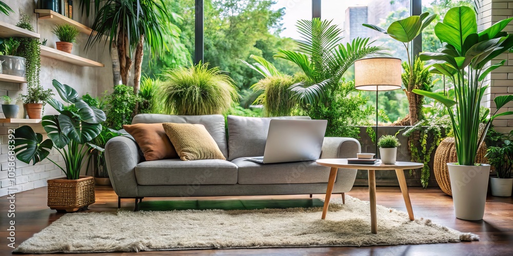 Fototapeta premium Cozy Home Interior with Laptop on Sofa Surrounded by Green Plants, Soft Carpet, and Inviting Atmosphere for Remote Work and Relaxation