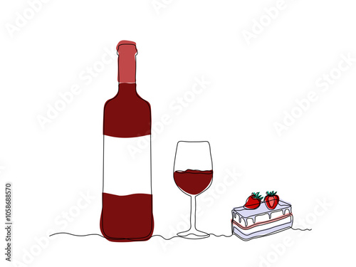 Glass bottle with wine,port, alcohol. wine glass, cake,dessert, continuous single line art drawing sketch, logo