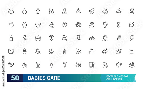 Babies care icon collection. Featuring diaper, feeding, safety, baby products, parenting, and more. Minimal line vector icons set. Vector illustration.