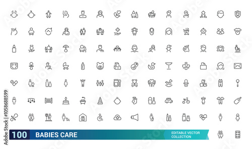 Babies care icon collection. Featuring diaper, feeding, safety, baby products, parenting, and more. Minimal line vector icons set. Vector illustration.