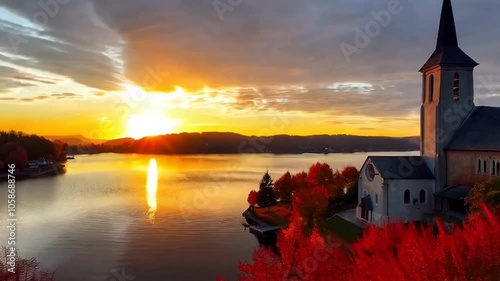 Autumn Serenity: 4K Time-Lapse of a Village Sunset by a Tranquil Lake