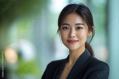 Confident Businesswoman in Black Blazer with Blurry Office Background