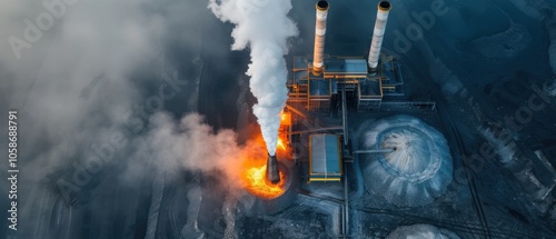 Aerial view of mineral processing facility with smoke