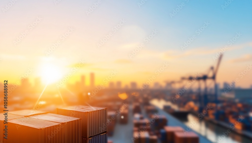 A stack of shipping containers against a sunset cityscape. A stack of shipping containers against a sunset cityscape.