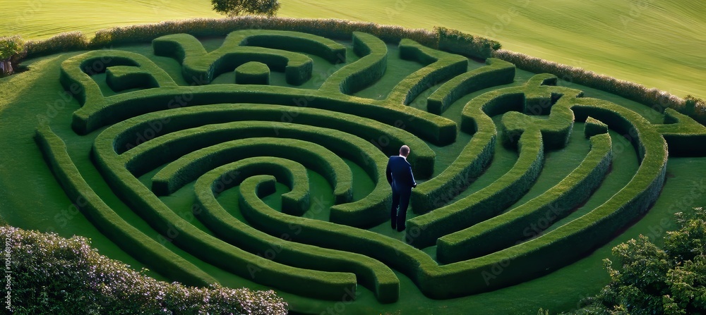 Businessman Navigating Through a Complex Hedge Maze, Symbol of Challenge and Strategy. Businessman Navigating Through a Complex Hedge Maze, Symbol of Challenge and Strategy.
