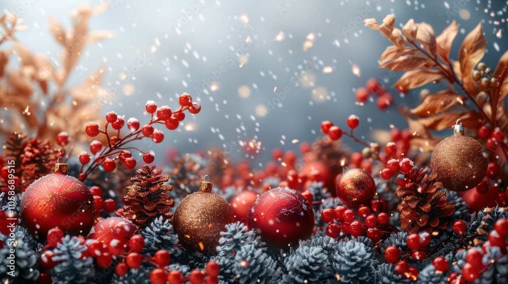 Festive Winter Wonderland with Berry and Pine Accents Background, Card or Backdrop