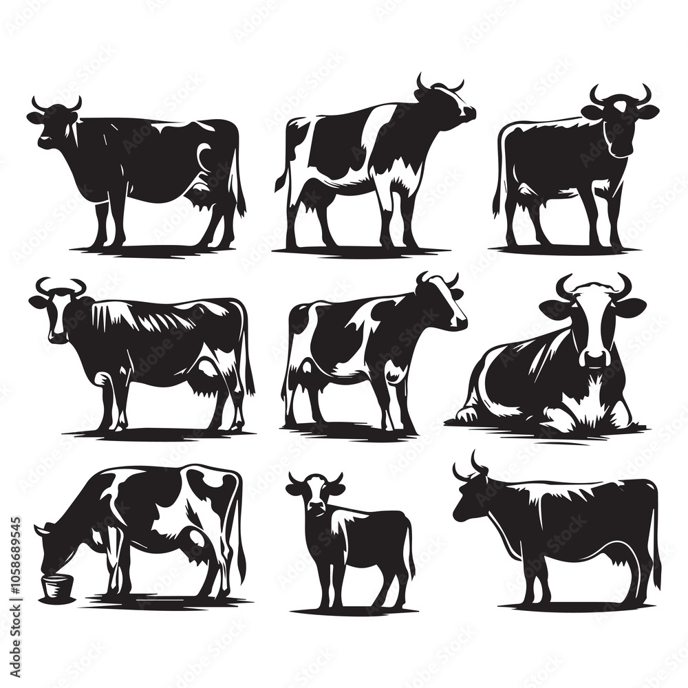 Set of Cow Illustrations in Black and White, Vector Graphics of Dairy ...