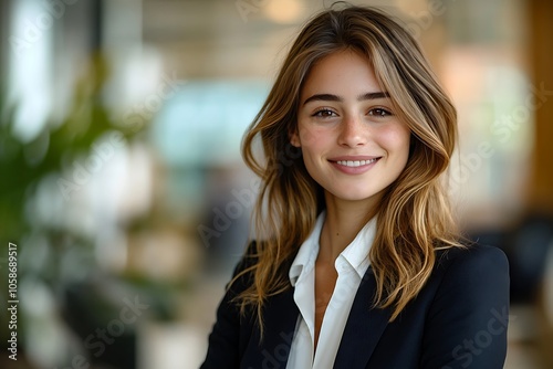 Confident Businesswoman in Black Blazer with Long Brown Hair, Focused and Ready for Success