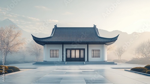 Wallpaper Mural Traditional Chinese Architecture with Platform, Road, and Parking Area on Brick Surface for Automotive Advertisement Featuring Blank Background Torontodigital.ca