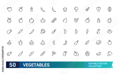 Vegetables icon collection. Related to carrot, tomato, potato, broccoli, spinach, salad, healthy food, nutrition, and more. Editable stroke. Vector illustration.